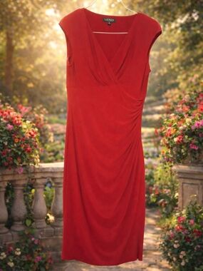 Lauren Ralph Lauren Red Surplice Cap-Sleeve Midi Dress